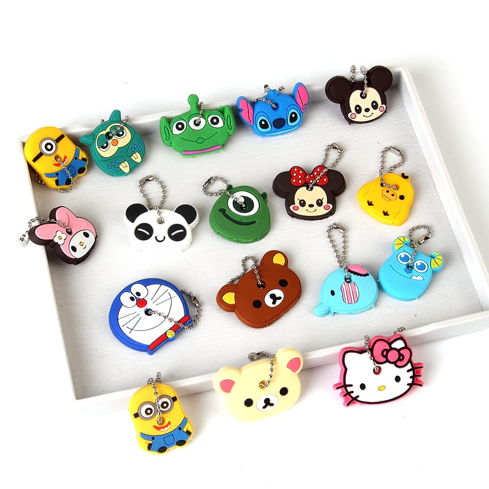 Cartoon Anime Cute Key Cover Cap Silicone Mickey Stitch Bear Keychain Women Gift Owl Porte Clef Hello Kitty Minne Key Chain 3