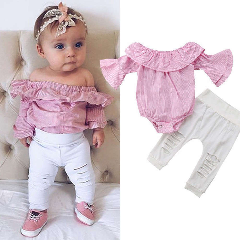 MUQGEW Toddler Infant Overalls Baby Girl Clothes Striped Tops Romper Ripped Pants Outfits Clothes Set roupas infantis menina 1