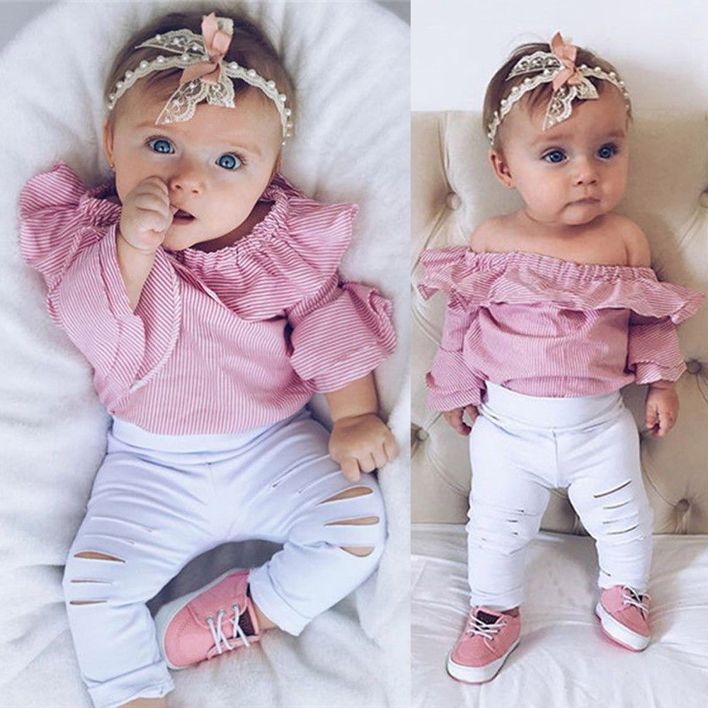 MUQGEW Toddler Infant Overalls Baby Girl Clothes Striped Tops Romper Ripped Pants Outfits Clothes Set roupas infantis menina