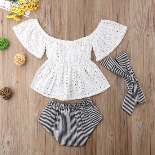 3pcs Toddler Baby Girl clothes set Lace  hollow out  short sleeve Top +Stripe Shorts +headband 3Pcs Outfits set clothes 3