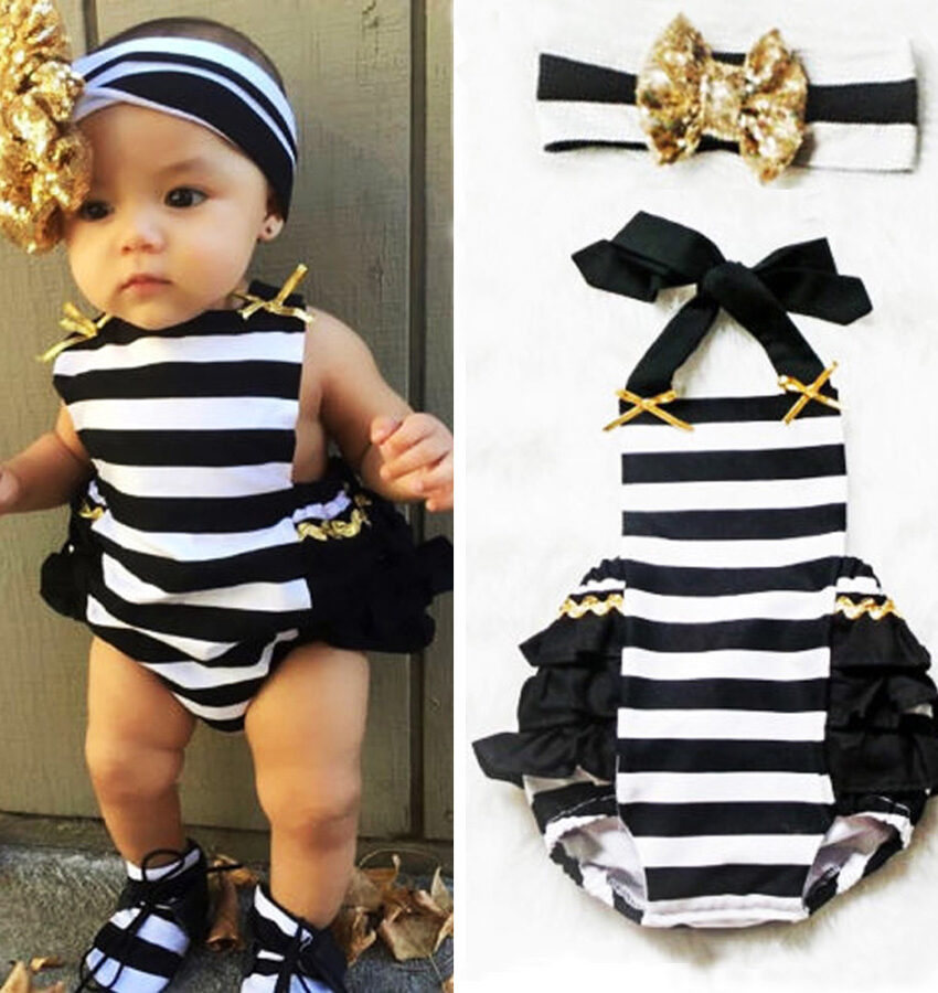 Cute Newborn Baby Girls romper cotton Striped Ruffle Romper Sunsuit Outfits+headband set -0-24m