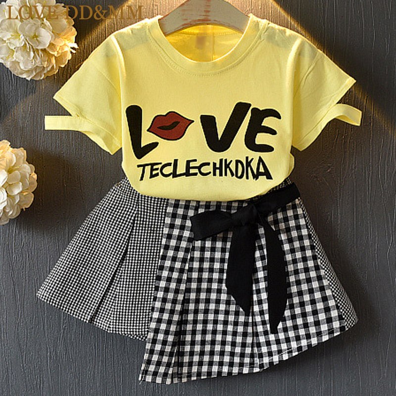 LOVE DD&MM Girls Sets 2019 New Children's Clothing Girls Letter Printed Short-Sleeved T-Shirt + Bow Lattice Skirt Two-Piece Suit 1